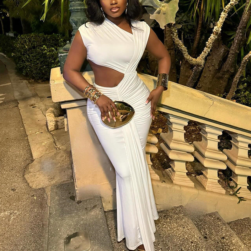 Women Clothing Solid Color Dress Diagonal Collar Sleeveless Ribbon Fishtail Dress Bella Mia